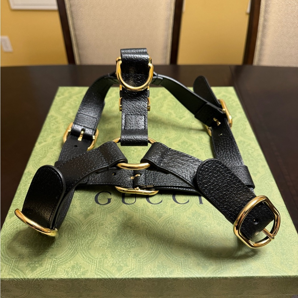 New Authentic Gucci GG Logo Leather Dog Harness - Picture 2 of 12